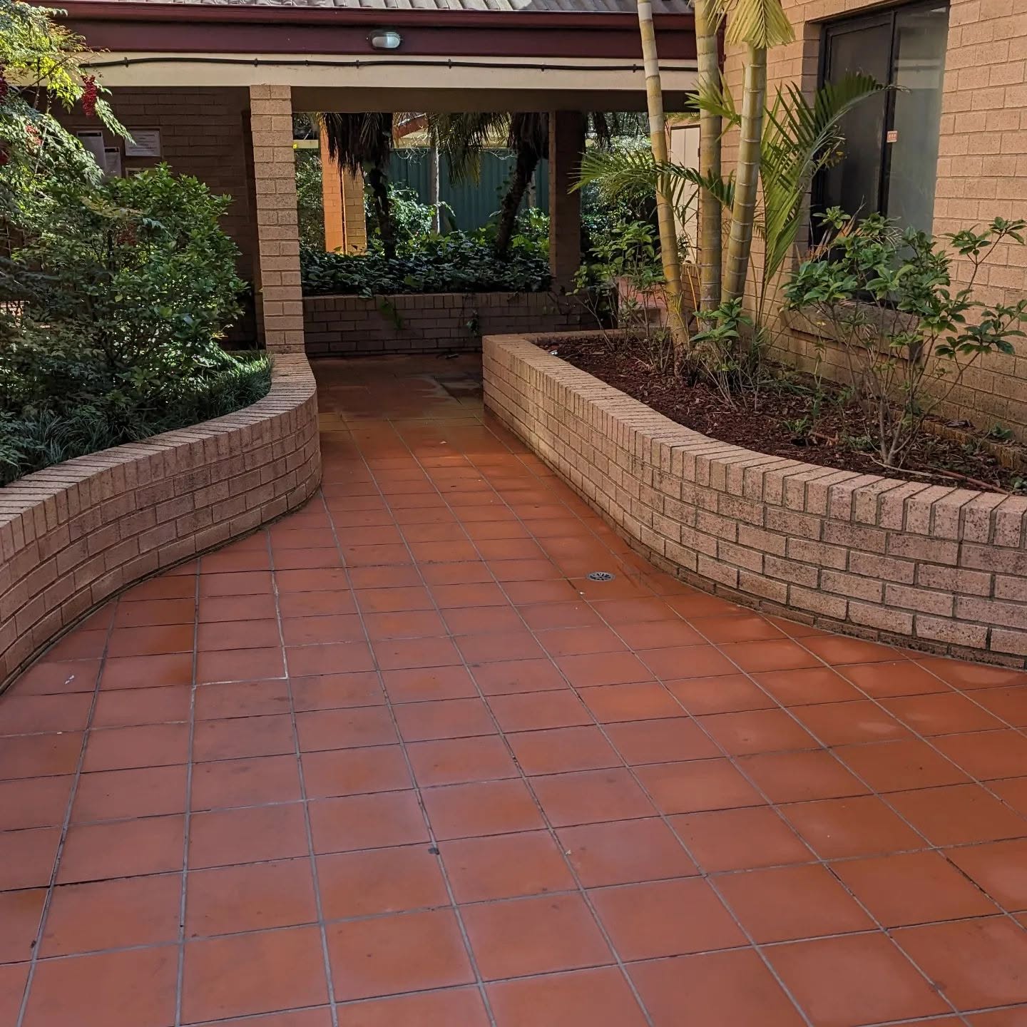 Completed pressure-cleaned tiled courtyard path in Riverwood NSW